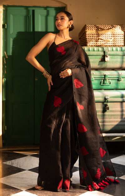 Stunning Black linen Saree With 'Tash' Jamdani Work In Red