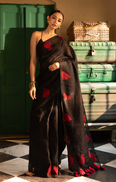 Stunning Black linen Saree With 'Tash' Jamdani Work In Red