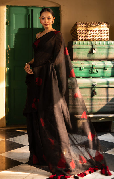 Stunning Black linen Saree With 'Tash' Jamdani Work In Red