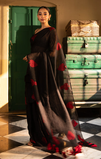 Stunning Black linen Saree With 'Tash' Jamdani Work In Red