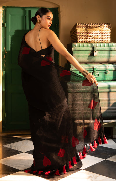 Stunning Black linen Saree With 'Tash' Jamdani Work In Red