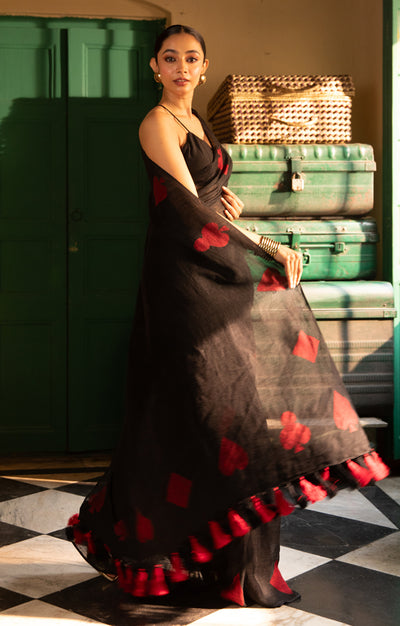 Stunning Black linen Saree With 'Tash' Jamdani Work In Red