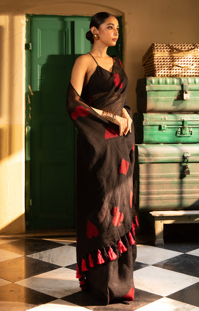 Stunning Black linen Saree With 'Tash' Jamdani Work In Red