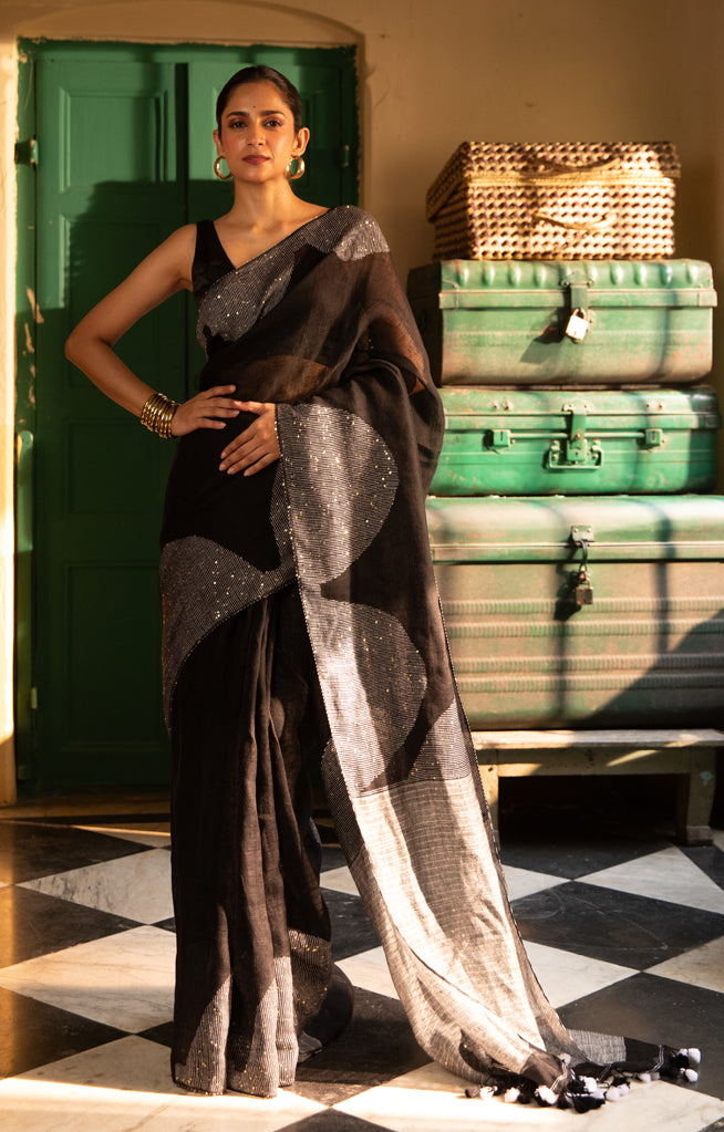 Stunning Black Linen Saree With Grey Border & Woven In Sequence
