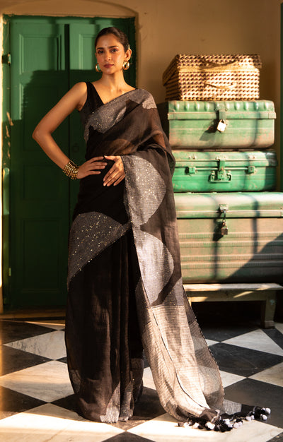 Stunning Black Linen Saree With Grey Border & Woven In Sequence