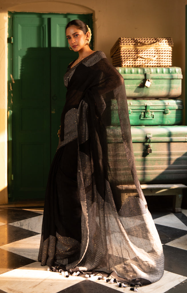 Stunning Black Linen Saree With Grey Border & Woven In Sequence