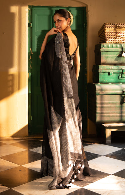 Stunning Black Linen Saree With Grey Border & Woven In Sequence