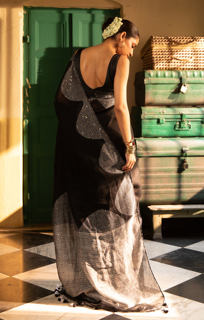 Stunning Black Linen Saree With Grey Border & Woven In Sequence
