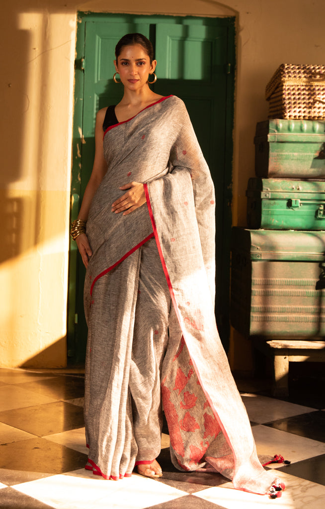 Butterflies On a Grey Linen Saree
