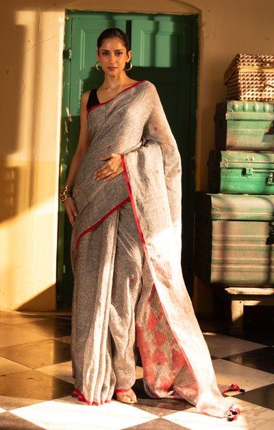 Butterflies On a Grey Linen Saree
