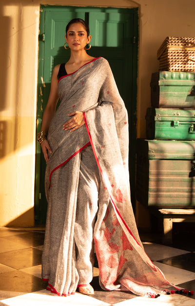Butterflies On a Grey Linen Saree