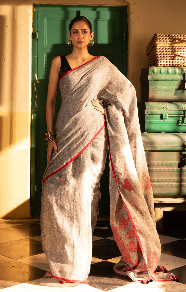 Butterflies On a Grey Linen Saree