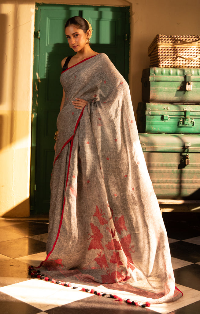 Butterflies On a Grey Linen Saree