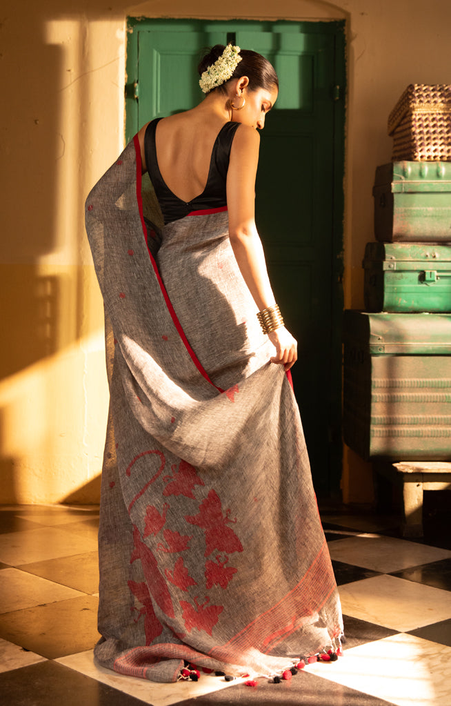 Butterflies On a Grey Linen Saree