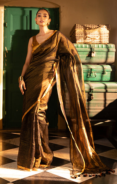 Black Tissue Linen Saree With Thin Zari Stripes