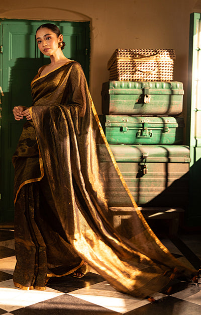 Black Tissue Linen Saree With Thin Zari Stripes