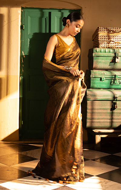 Black Tissue Linen Saree With Thin Zari Stripes