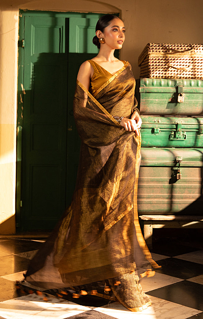 Black Tissue Linen Saree With Thin Zari Stripes