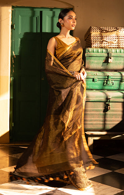 Black Tissue Linen Saree With Thin Zari Stripes