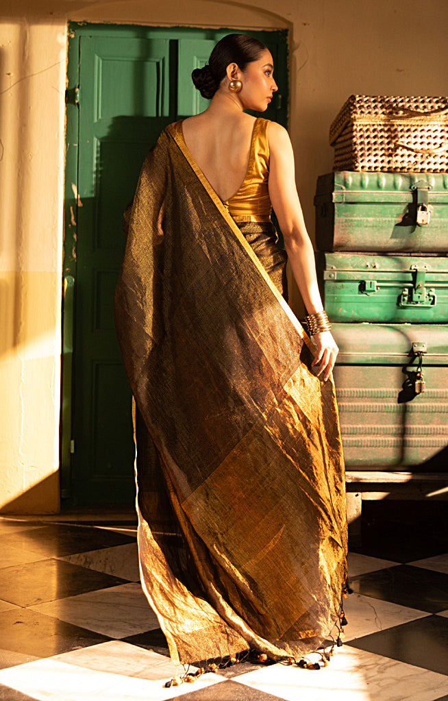 Black Tissue Linen Saree With Thin Zari Stripes