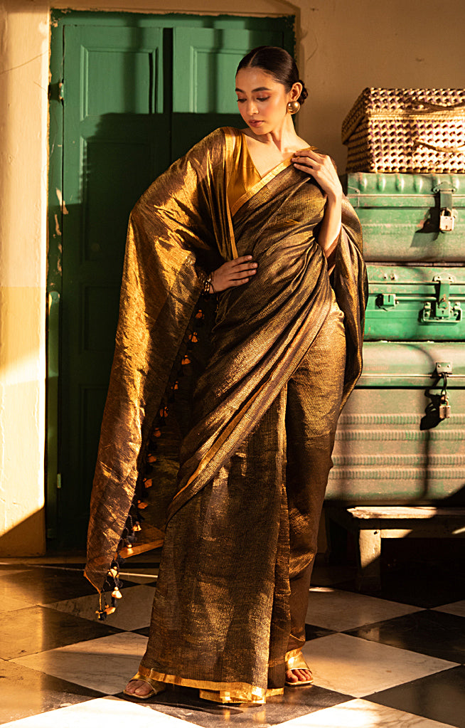 Black Tissue Linen Saree With Thin Zari Stripes