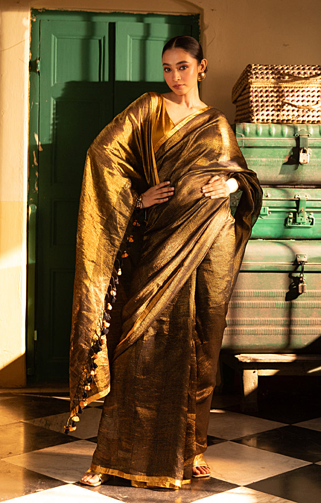 Black Tissue Linen Saree With Thin Zari Stripes