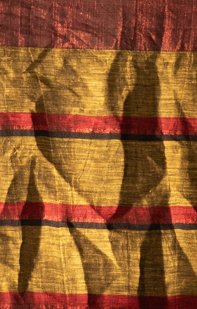 Striking Linen Saree in Goldenrod yellow, with Red & Black Checks