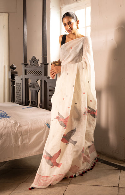 Pearl White Linen Saree with Bird Jamdani Woven Design