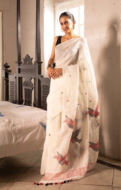 Pearl White Linen Saree with Bird Jamdani Woven Design