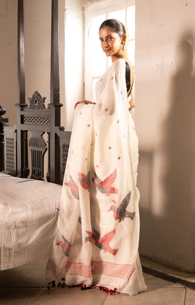 Pearl White Linen Saree with Bird Jamdani Woven Design