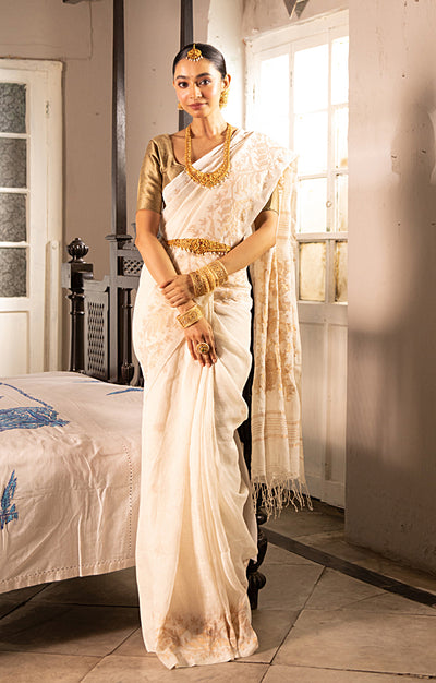 Pearl White Linen Saree with Silver Zari Jamdani Woven Design