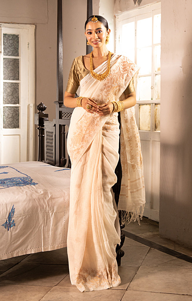 Pearl White Linen Saree with Silver Zari Jamdani Woven Design