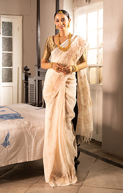 Pearl White Linen Saree with Silver Zari Jamdani Woven Design