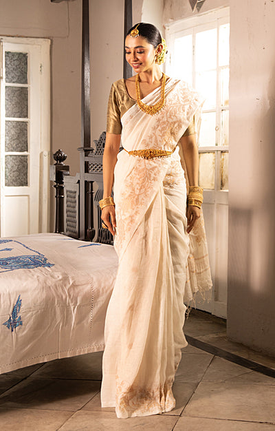 Pearl White Linen Saree with Silver Zari Jamdani Woven Design