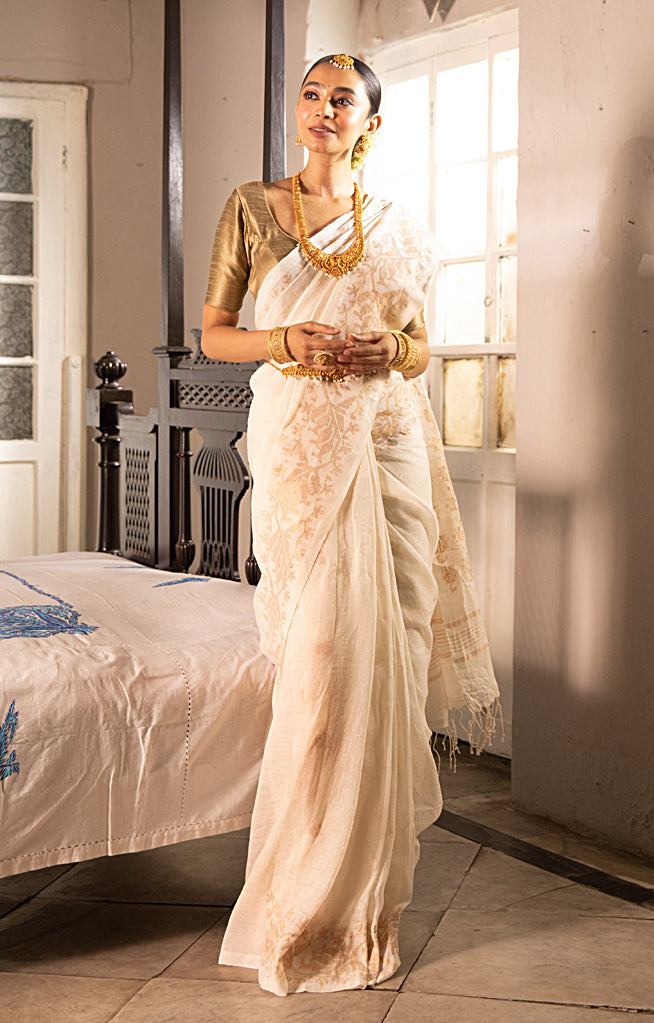 Pearl White Linen Saree with Silver Zari Jamdani Woven Design