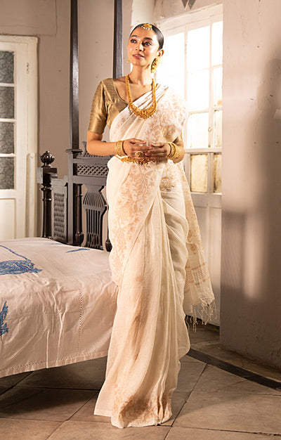Pearl White Linen Saree with Silver Zari Jamdani Woven Design