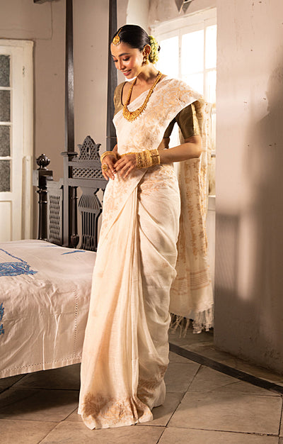 Pearl White Linen Saree with Silver Zari Jamdani Woven Design