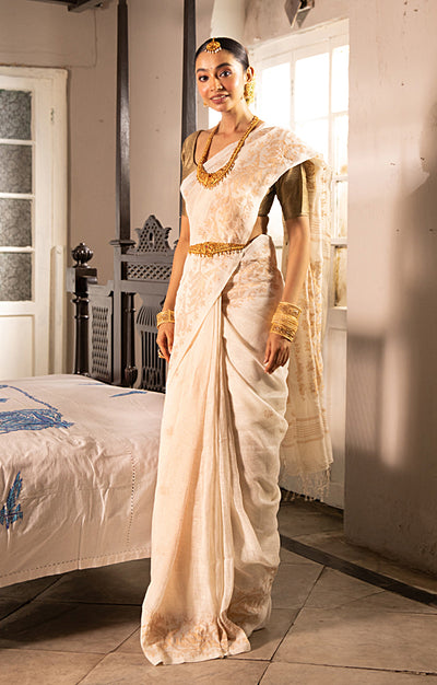 Pearl White Linen Saree with Silver Zari Jamdani Woven Design