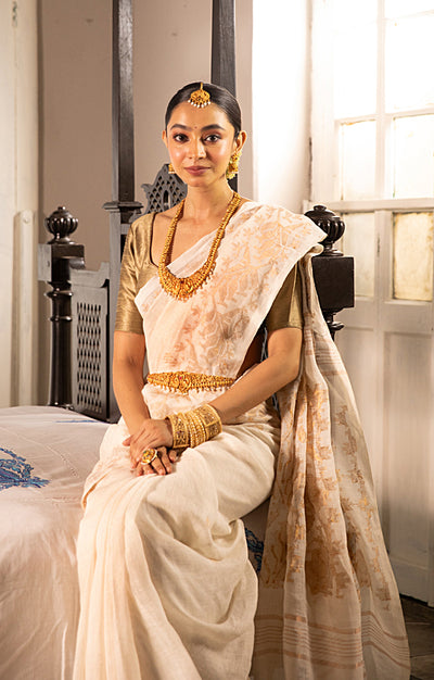 Pearl White Linen Saree with Silver Zari Jamdani Woven Design