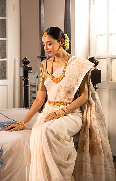 Pearl White Linen Saree with Silver Zari Jamdani Woven Design