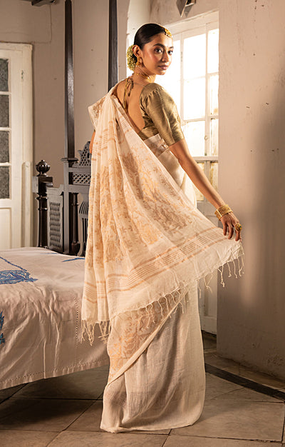 Pearl White Linen Saree with Silver Zari Jamdani Woven Design