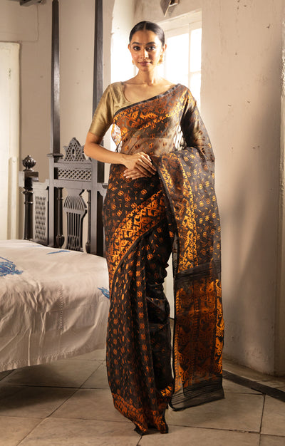 Black Jamdani Saree with Stunning Bronze Zari Woven Design