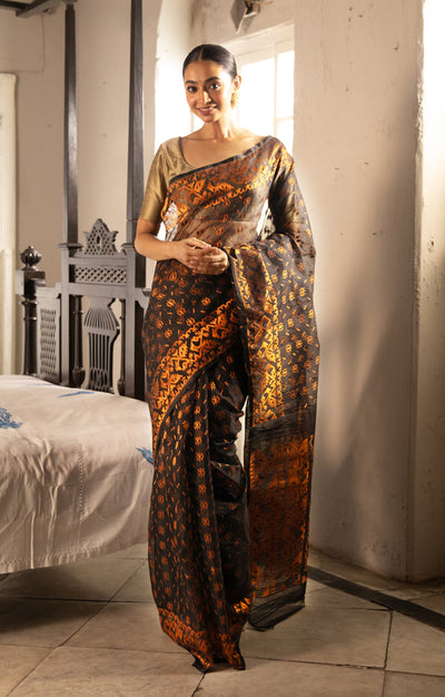 Black Jamdani Saree with Stunning Bronze Zari Woven Design
