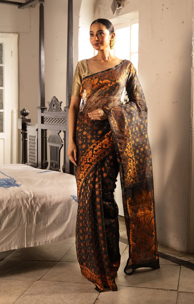 Black Jamdani Saree with Stunning Bronze Zari Woven Design
