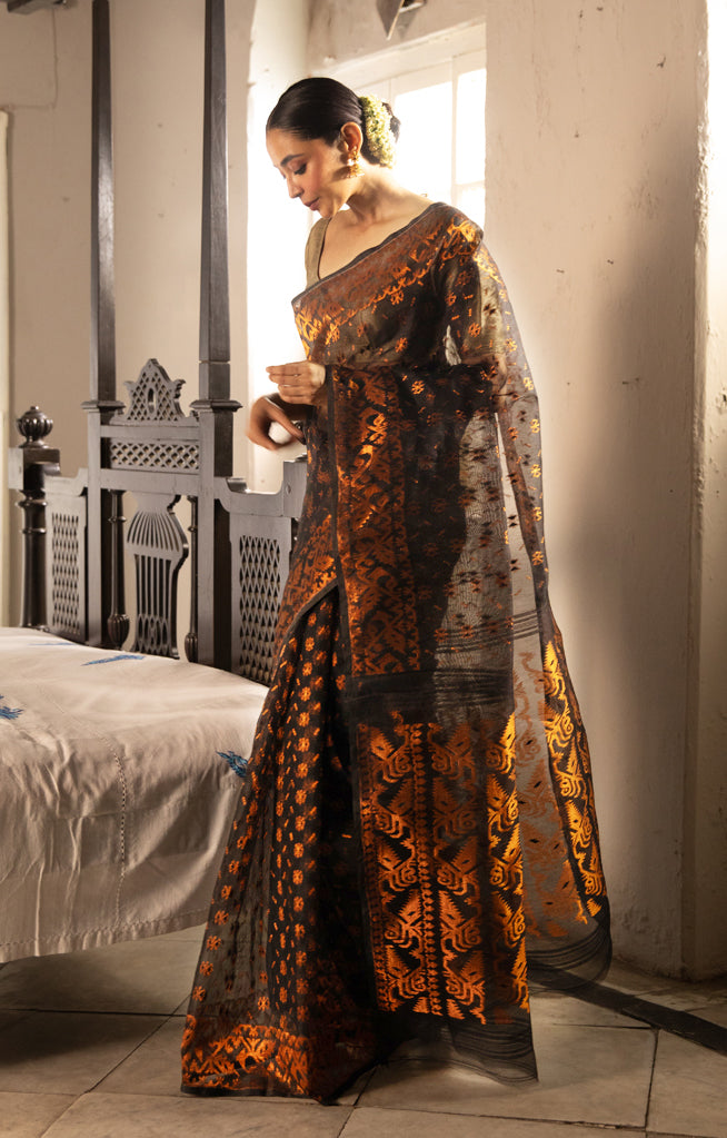 Black Jamdani Saree with Stunning Bronze Zari Woven Design