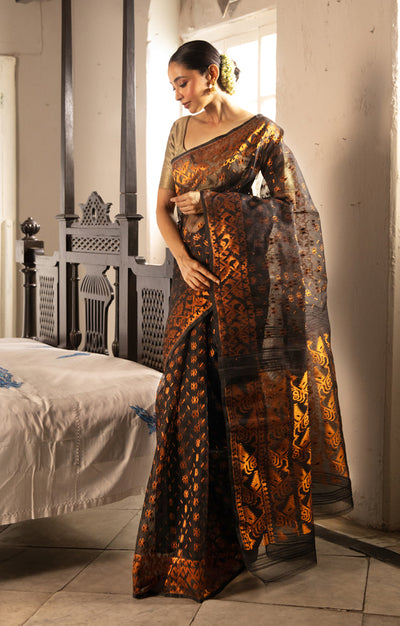 Black Jamdani Saree with Stunning Bronze Zari Woven Design
