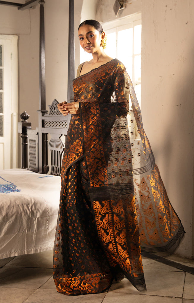 Black Jamdani Saree with Stunning Bronze Zari Woven Design
