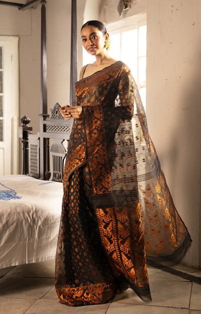 Black Jamdani Saree with Stunning Bronze Zari Woven Design
