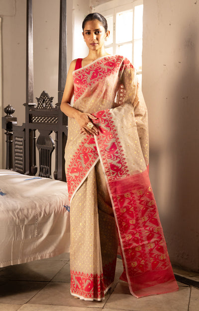 Beige Jamdani Saree With Red Woven Design