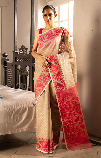 Beige Jamdani Saree With Red Woven Design
